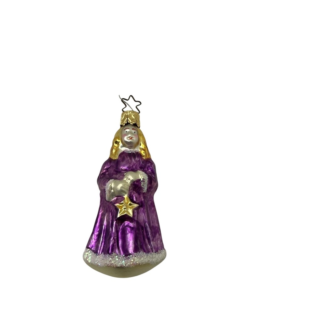 Vintage Angel with Star Blown Glass Christmas Tree Ornament 4" tall w/ Glitter